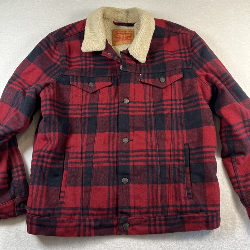 Levi's Jacket Mens XL Red Plaid Sherpa Lined Bomber Flannel Snap Front Warm